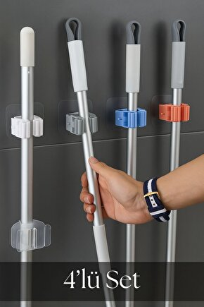 4’lü Beyaz Mop ve Süpürge Tutucu Seti – Duvara Yapışan Pratik Askı Aparatı