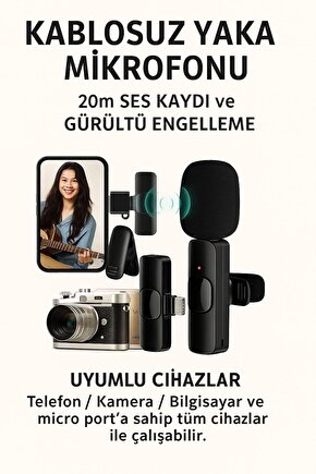 Kablosuz Yaka Mikrofonu – Gürültü Engelleyici, 20 Metre Menzilli