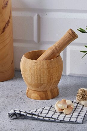 Doğal Bambu Ahşap Sarımsak Ezeceği Havan Orta Boy