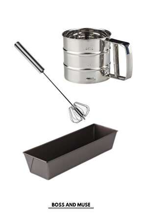 3 Parça Baton Kek Kalıbı Pasta Yapma Seti Un Eleği Basmalı Çırpıcı