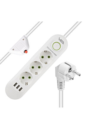 Smh- Va-21558 3lü 1.5 Metre Kablolu 3 Usbli Beyaz Akim Korumali Priz