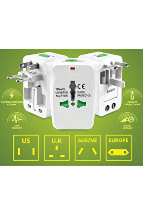 Universal USA AUS EU UK  Ülkeler Arası Fiş Çevirici Akım Korumalı Priz Çevirici Dönüştürücü Priz