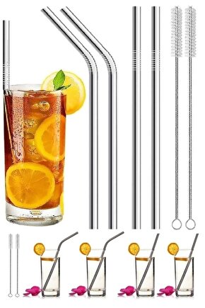 Paslanmaz Çelik Metal Meşrubat Pipeti Ve Pipet Temizleme Fırçası Seti 6 Parça