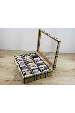 Özel El Yapımı Ekose Desenli Burberrys Model 15 Gözlü Büyük Kol Saati Kutusu