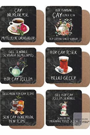 güzel anlamlı çay sözleri duvar yazıları hediyelik 6lı retro ahşap bardak atlığı seti