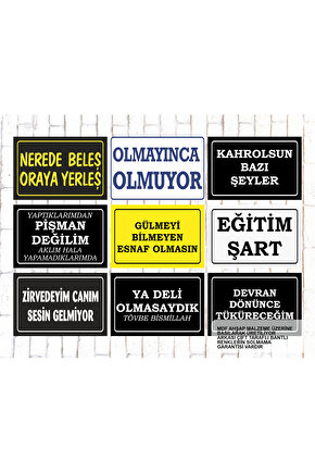 9 Parça Karışık Yazılı Ahşap Tablo Seti olmayınca olmuyor atarlı komik sözler duvar yazıları poster