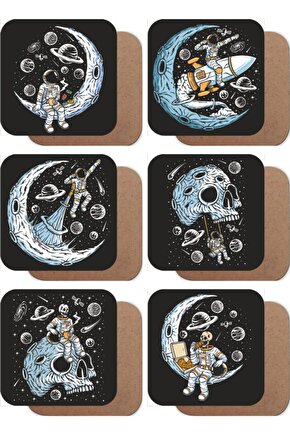 Uzayda Hayat Var, Yalnız Astronot 6lı Ahşap Bardak Altlığı Seti