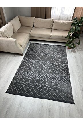 Modern İskandinav Desenli Yıkanabilir Kaymaz Dokuma Taban Şönil Halı Antrasit