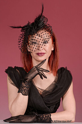 Siyah Puantiyeli Gelin Kepi Nikah Şapkası Ve Dantel Bilek Gelin Eldiveni  Kombin Set