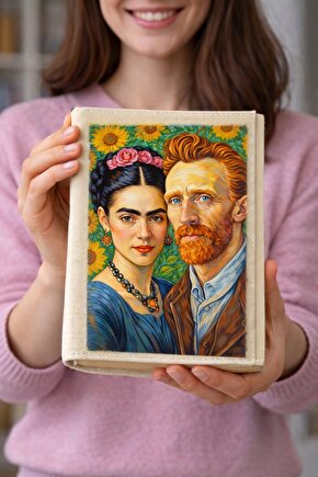 Frida ve Vincent van Gogh Desenli Bez Kitap Kılıfı – Baskılı Kumaş Kitap Kabı, Kitap Koruyucu