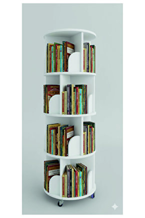 360° Dekoratif Döner Kitaplık -MDF LAM- Beyaz -4 kat- 133x45 Cm