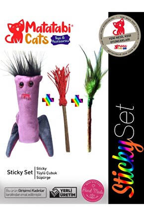 Sticky Paketi Doğal Çiğneme Çubuğu, Matatabili Sesli Peluş Kedi Oyuncağı 3lü Set