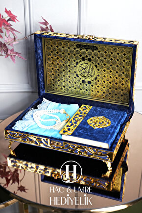 Hediyelik Kuranı Kerim | Kuran Hediyesi | Lüks Ahşap Kutu, Kadife Kuran, Şal ve İnci Tesbih Seti