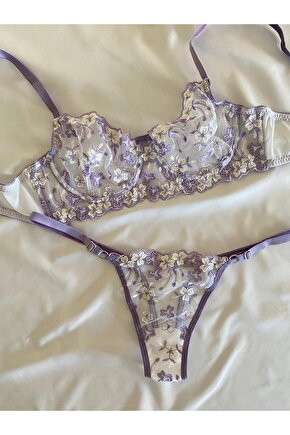 Çiçek Desenli Dantel Tül Bralet Takım