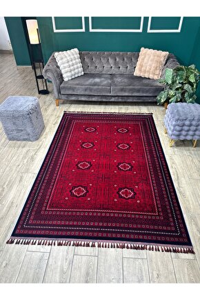 Otantik Desenli Afgan Uşak Halısı Yıkanabilir Kaymaz Taban Makine Halısı