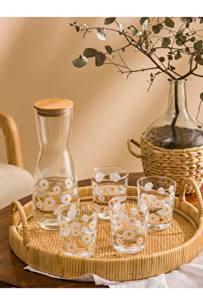 Beyaz Çiçek Baskılı Cam Sürahi Seti - 1000 Ml