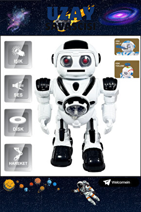 Siyah Büyük Boy Disk Atan Yürüyen Oyuncak Uzay Savaşçısı Robot Sesli Işıklı ve Pilli Robot +3 Yaş