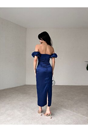 Straplez Kol Detaylı Yırtmaçlı Midi Boy Lacivert Şifon Elbise