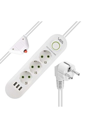3 lü 1.5 Metre Uzatma Kablolu 3 Usb li Beyaz Akım Korumalı Gurup Priz BSN55-4L13X