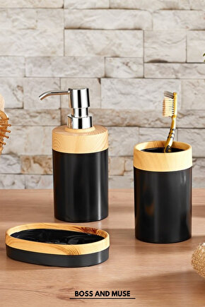Bambu Görünümlü Plastik  3 Lü Banyo Seti Sıvı Sabunluk Diş Fırçalık Sabunluk