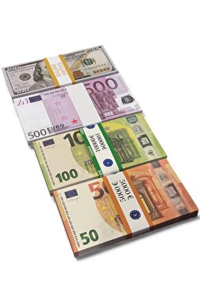 4’lü Düğün Atma ve Şaka Parası Seti – 100 $, 500 €, 100 € ve 50 € Oyun Paraları, Kına, Parti, Film