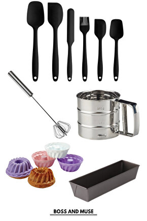 15 Parça Pasta Mutfak Seti Mufin & Baton Kek Kalıbı Un Eleği Silikon Spatula