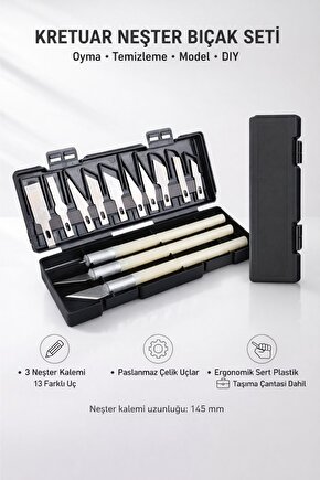 Kretuar Neşter Bıçak Seti 13 Uç + 3 Neşter Kalemi – Paslanmaz Çelik Hobi Neşteri