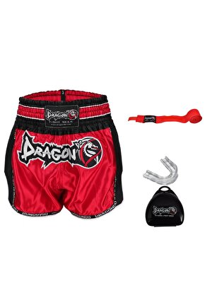 Dragon Retro Şort Muaythai Kick Boks  3,5 mt Bandaj ve Şeffaf Dişlik Kickboks Muay Thai 3lü Set