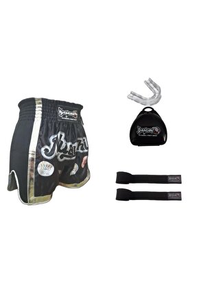 sporcu Mt2019 Onaylı Muay Thai Müsabaka Şort gri şeritli, Profesyonel  kutulu Dişlik ve 3.5mt bandaj