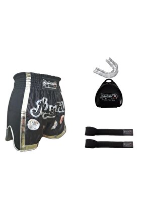 sporcu Mt2019 Onaylı Muay Thai Müsabaka Şort gri şeritli, Profesyonel  kutulu Dişlik ve 3.5mt bandaj