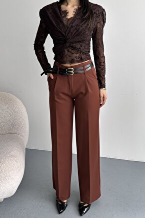 Kadın Palazzo Pantolon Kemerli | Yüksek Bel Bol Paça Günlük Çift Kemerli Tasarım