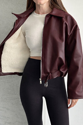 Kadın Bordo İçi Peluş Astarlı Suni Deri Ceket Kemer Detaylı Kürklü Oversize Kısa Mont