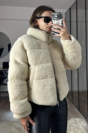 Kadın Oversize Peluş Kürk Mont Ekru - Teddy Şişme Sherpa Kaban