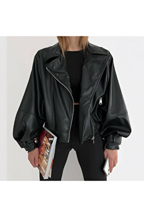 Kadın Siyah Balon Kol Siyah Deri Ceket