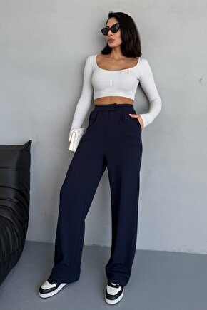 Cırtlı Ayarlanabilir Bel Likralı Palazzo Pantolon