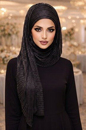 Siyah Gümüş Piliseli Bandana Abiye Şal