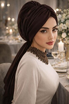 Kahverengi Tokalı Abiye Bone Şal  Hazır Duvak