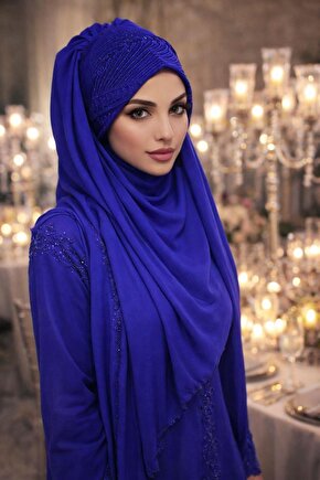 Saks Mavi Flok Baskılı Hazır Abiye Şal