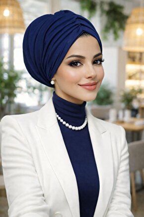 Lacivert Günlük ve Abiye Kullanılabilir Büzgülü Salaş Bone