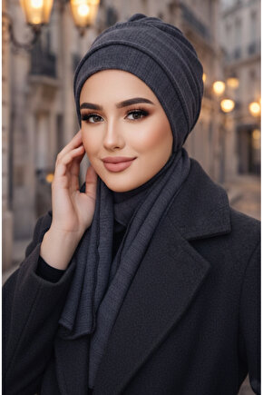 Koyu Gri Triko Atkılı Tesettür Bone