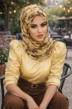 Uçuk Sarı Kahve Çiçek Desen Hazır Şal