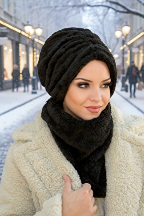 Siyah Kürk Büzgülü Bone Ve Etol Takım