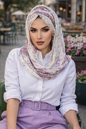 Mürdüm Ekru Desenli Hazır Şifon Şal