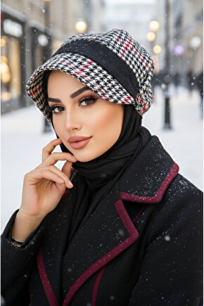 Siyah Kırmızı Kazayağı Desen Tesettür Şapka