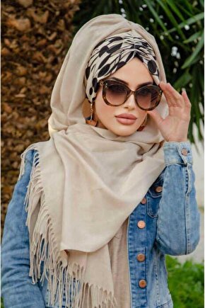 Bej Siyah Desenli Büzgülü Hazır Şal