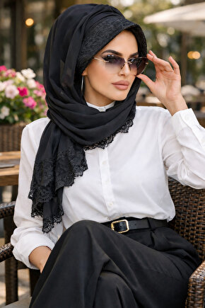 Siyah Dantelli Şapka Şal