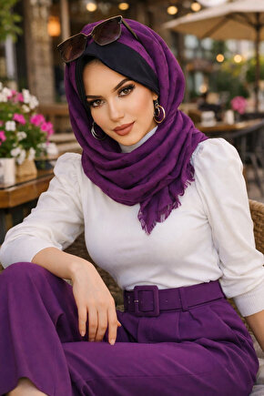 Mürdüm Çiçek Baskılı Şapkalı Şal