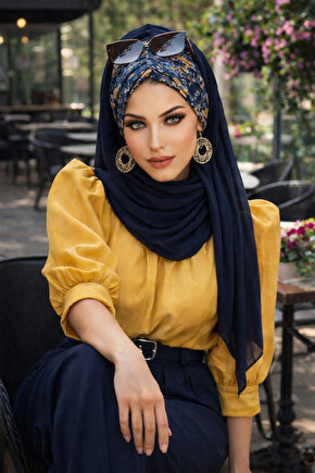 Lacivert Mimoza Çiçek Desen Hazır Şal