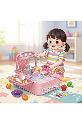 Pembe Su Akıtan Mutfak Lavabosu Seti - Çeşmeli Sesli Lavabo - Mutfak Seti - Su Akan Musluk - Akan Mu