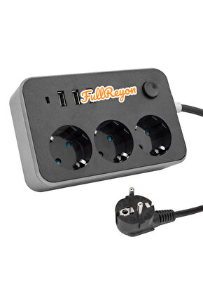 2 Metre Kablolu, Akım, Çocuk, Cihaz Korumalı, 2 USB - A, 1 TYPE-C, 3 Prizli Akıllı Priz Çoklayıcı